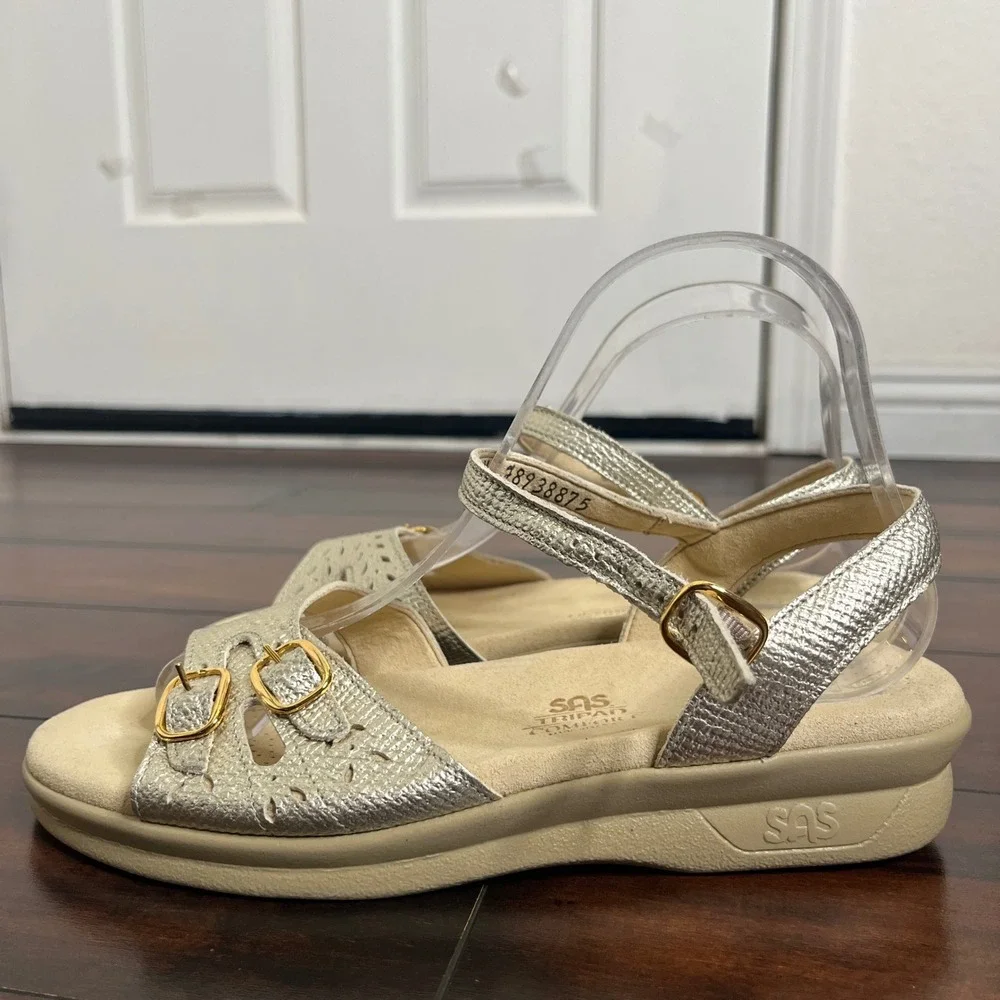 SAS NEW Duo Adjustable Gold Leather Comfort Sandals 8W Wide Walking Outdoors - Picture 4 of 8